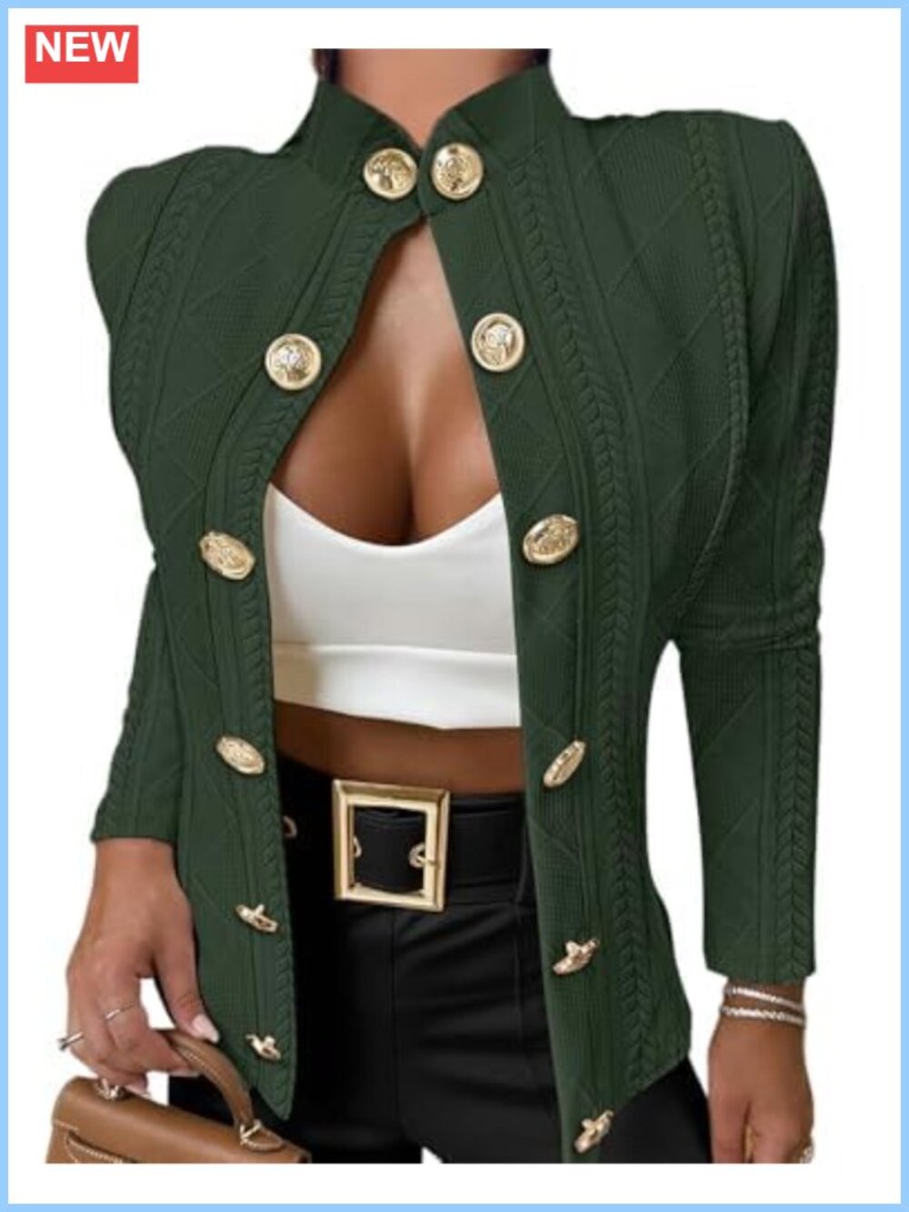 Argyle Cable Knit Cropped Jacket Stand Collar Button Up Lightweight Coat